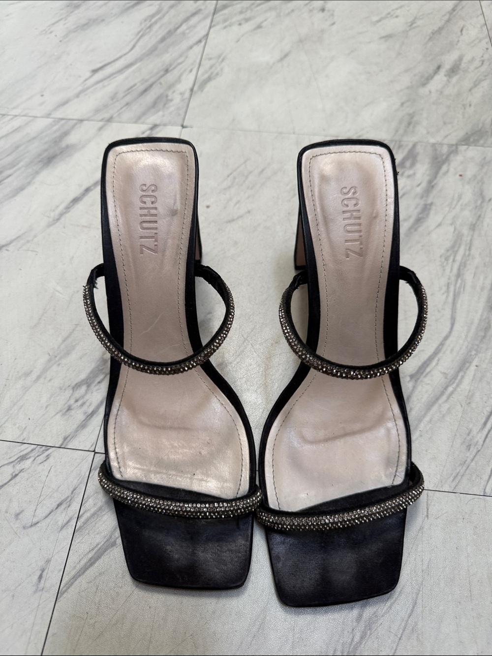 SCHUTZ Black Crystal-Trim Square-Toe Strappy Heels